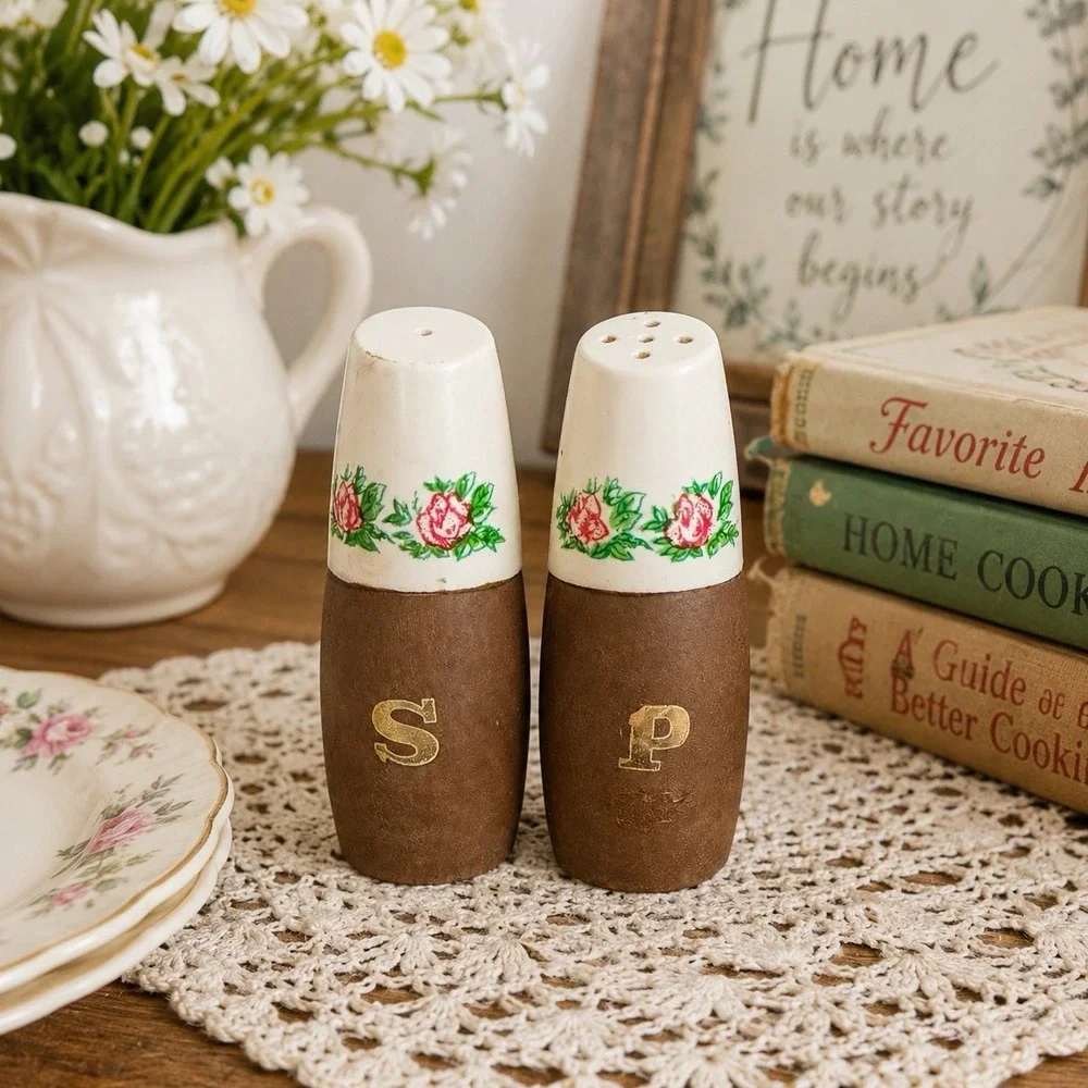 VTG Wood And Porcelain Salt Pepper Shaker Set With Floral Design MCM & Cottage